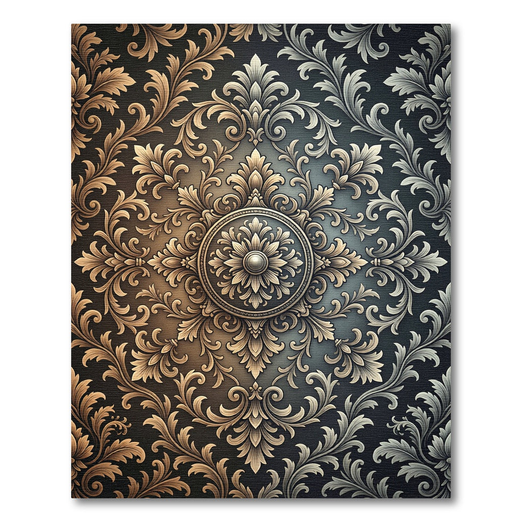 Ornate Bronze Gold Damask Medallion Rug