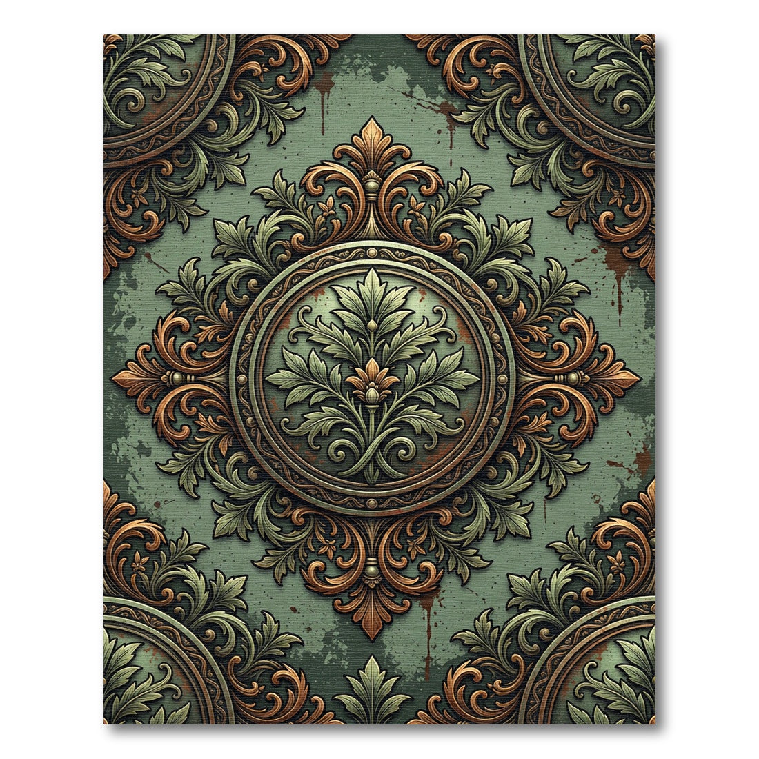 Ornate Sage Green Floral Medallion Rug