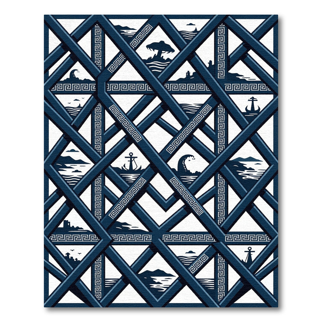 Navy Nautical Greek Key Geometric Grid Rug