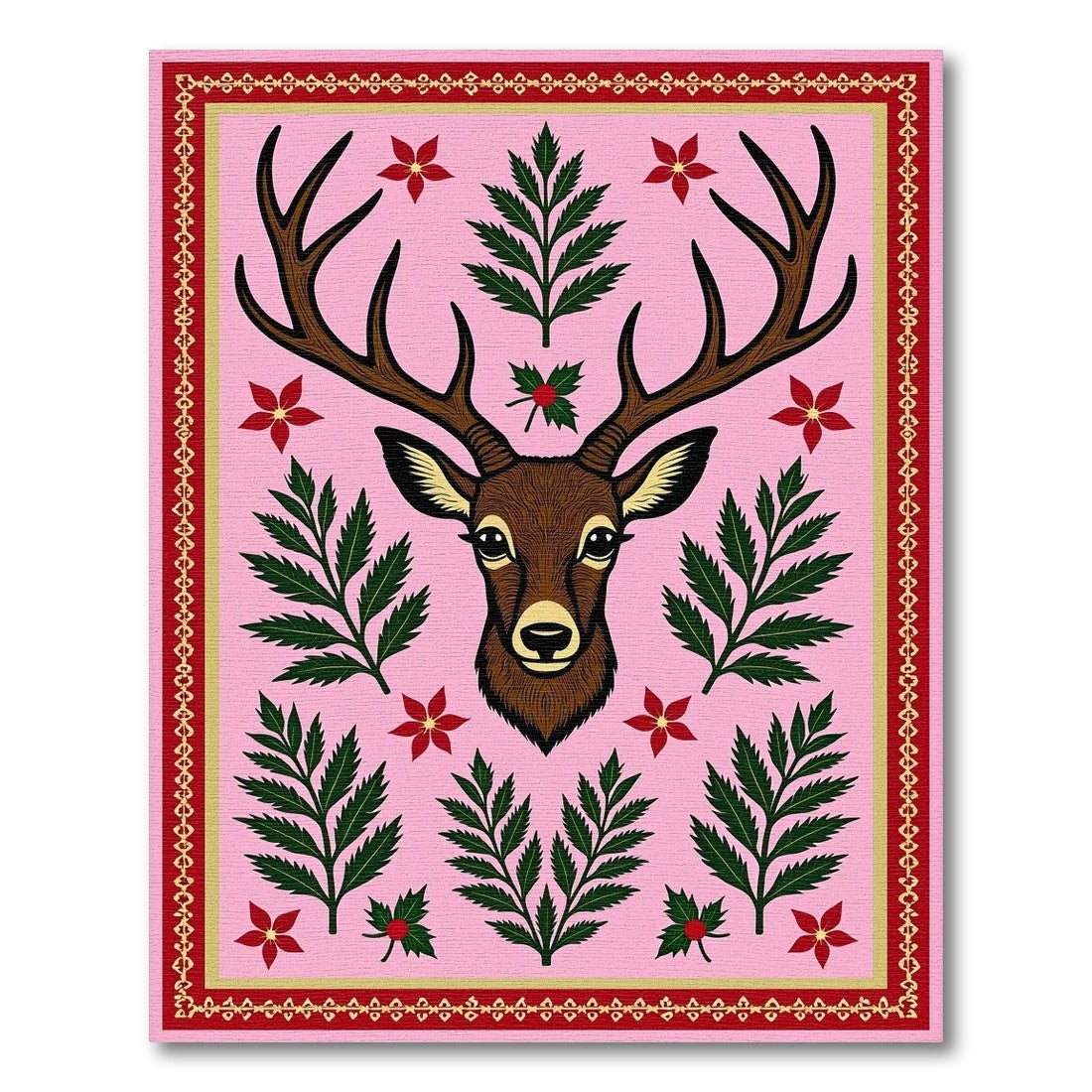 Pink Deer Floral Fern Border Rug
