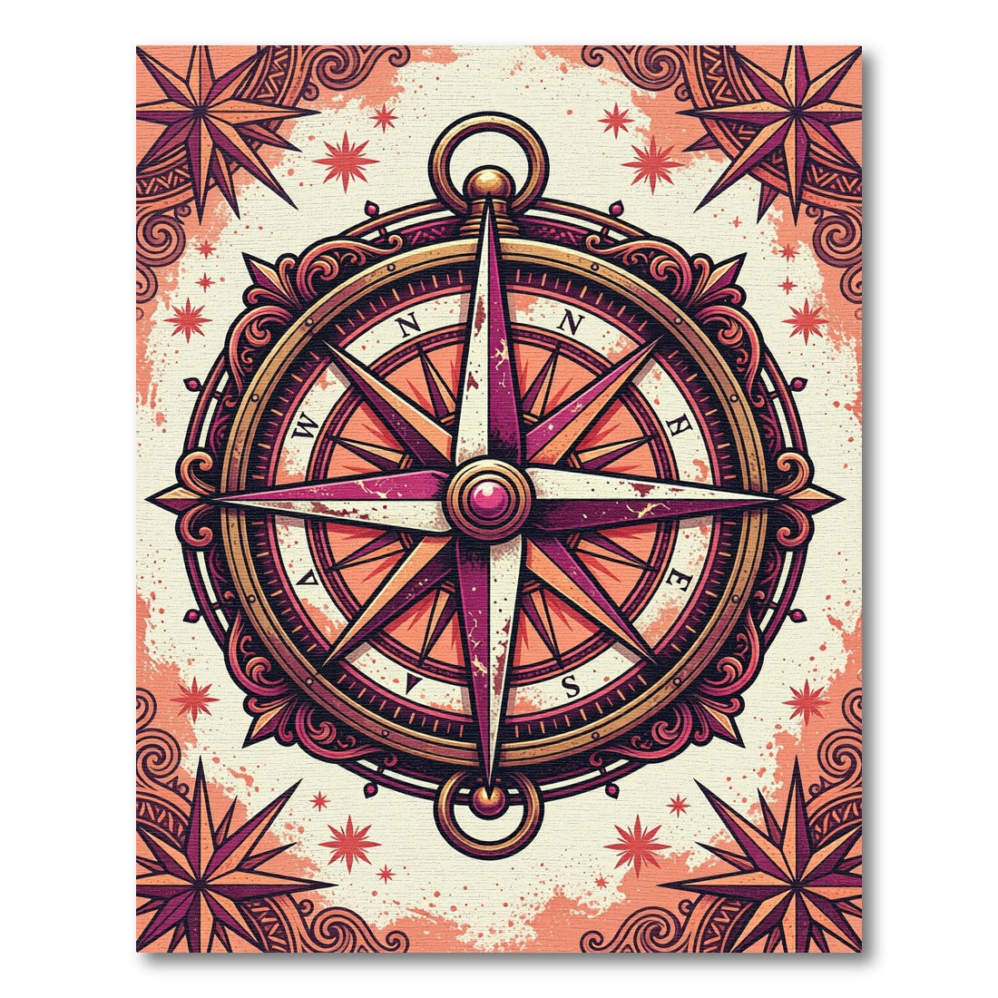 Ornate Maroon Compass Star Nautical Rug