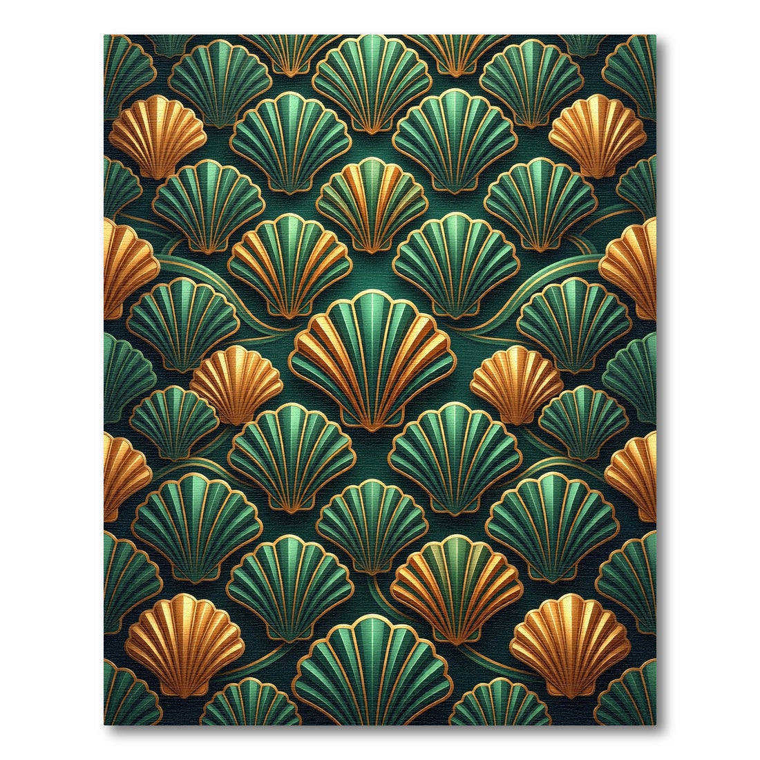 Art Deco Emerald and Golden Shells Rug