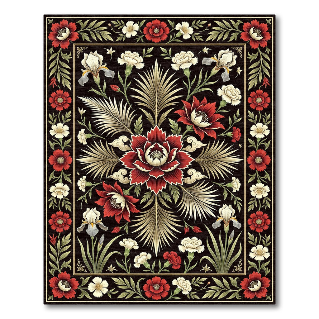 Deep Red Floral Botanical Garden Rug