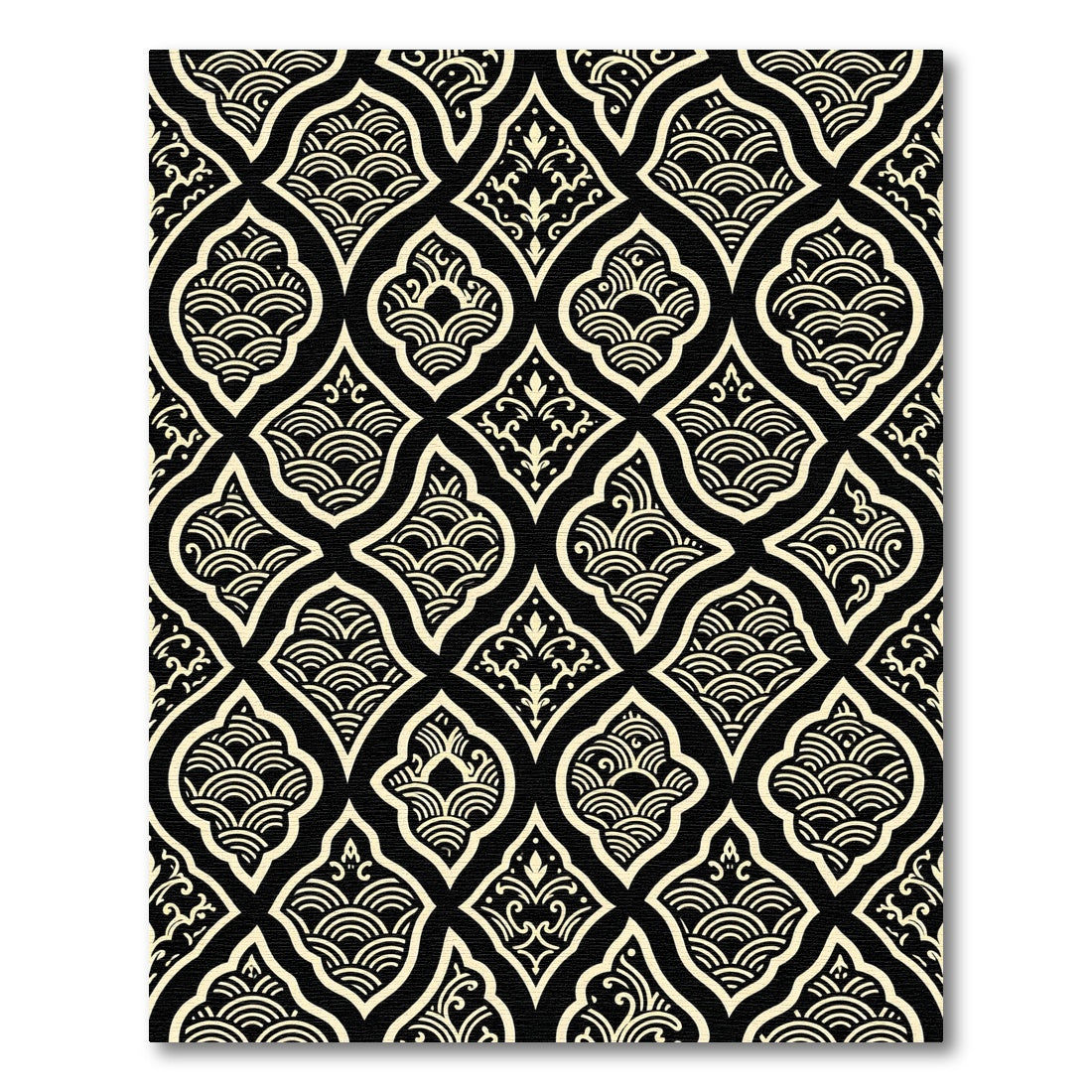 Elegant Black and Cream Scalloped Wave Rug