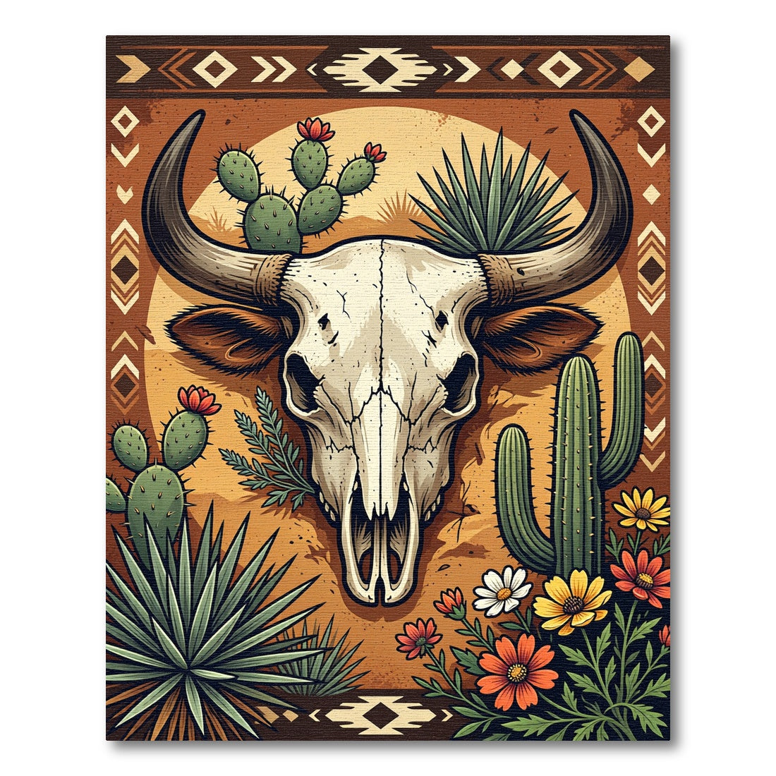 Earthy Southwestern Bull Skull Cactus Rug