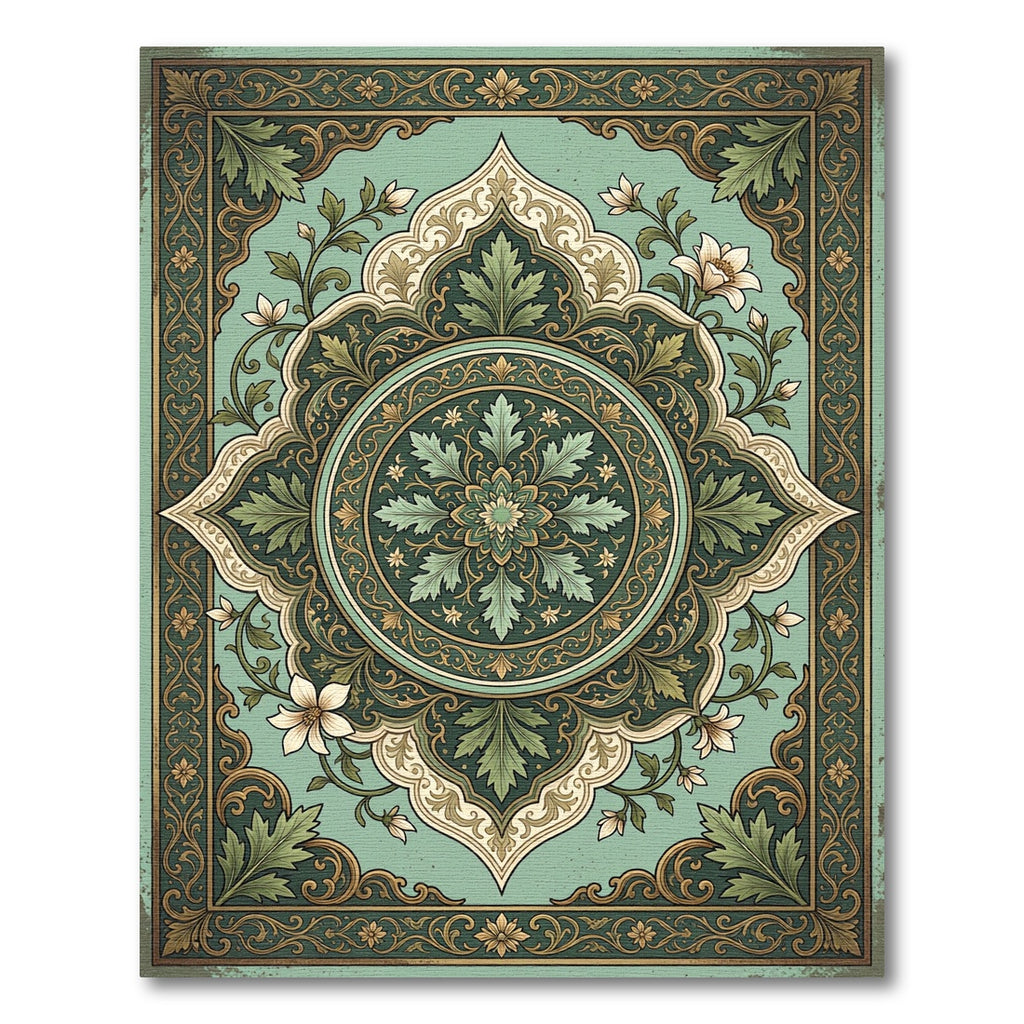 Emerald Green Floral Medallion Vintage Rug
