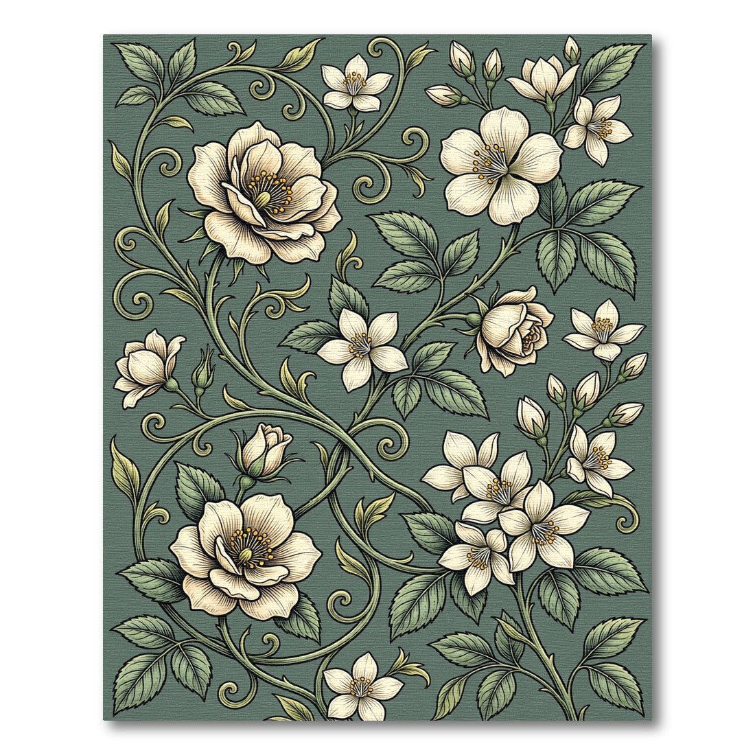 Elegant Sage Botanical Rose Scroll Rug