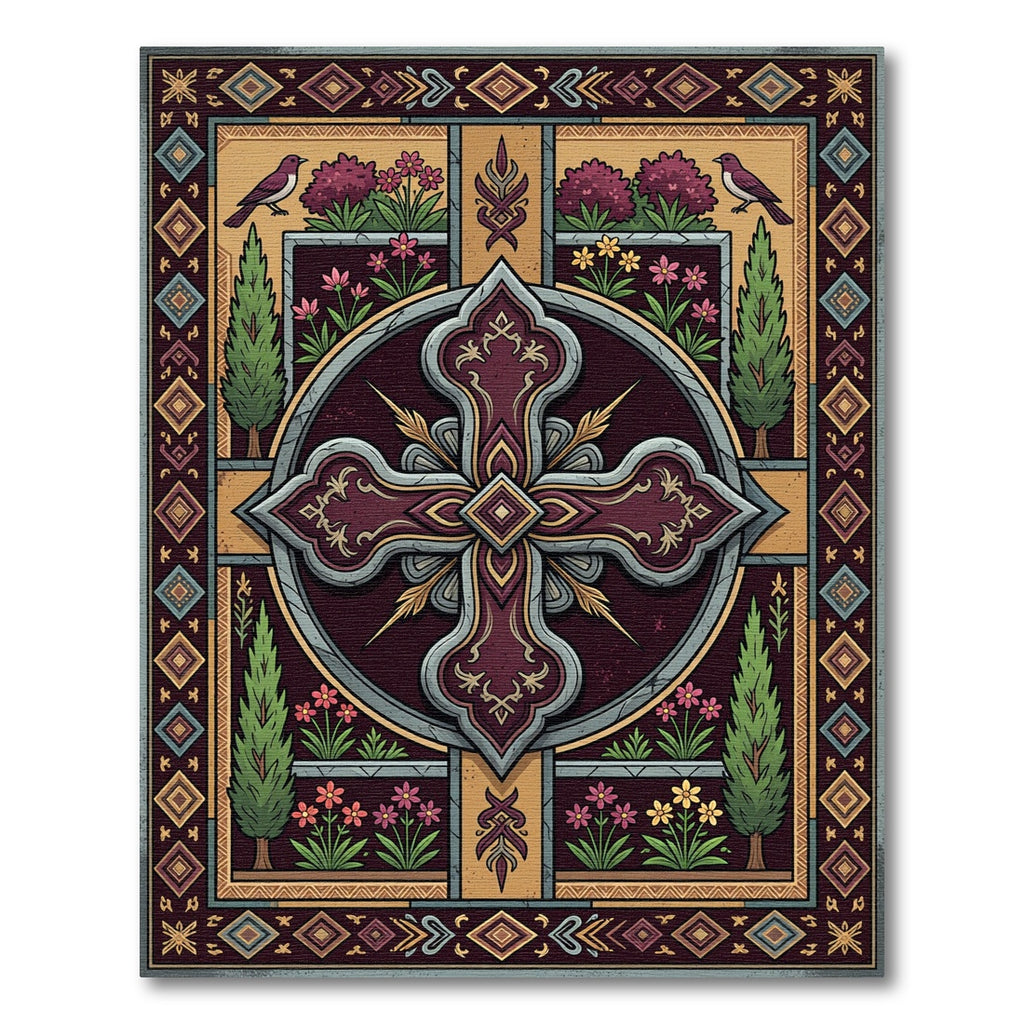 Ornate Burgundy Cross Floral Garden Rug