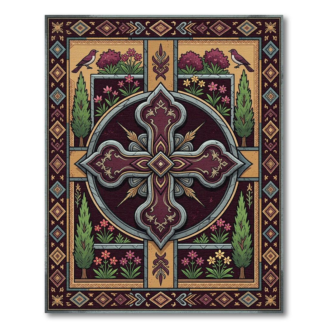 Ornate Burgundy Cross Floral Garden Rug