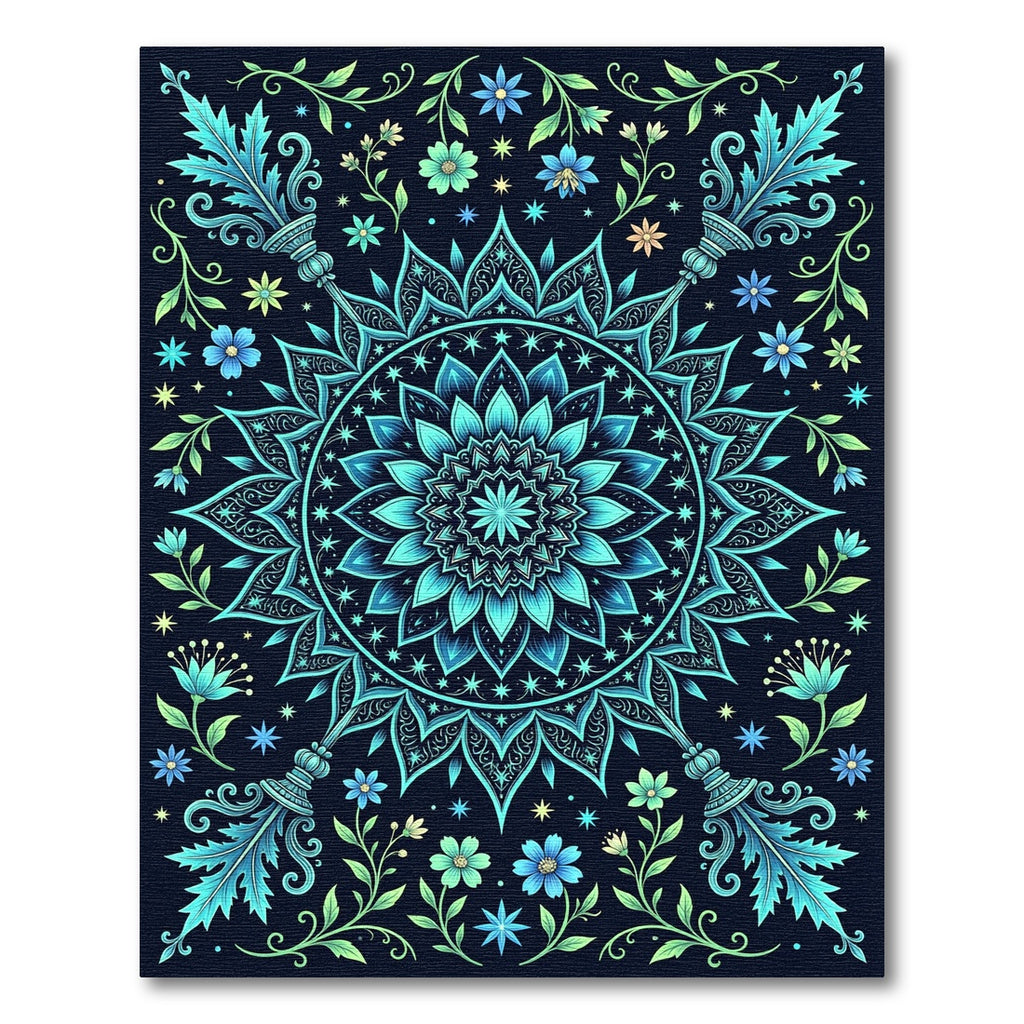 Teal Blue Floral Mandala Art Rug