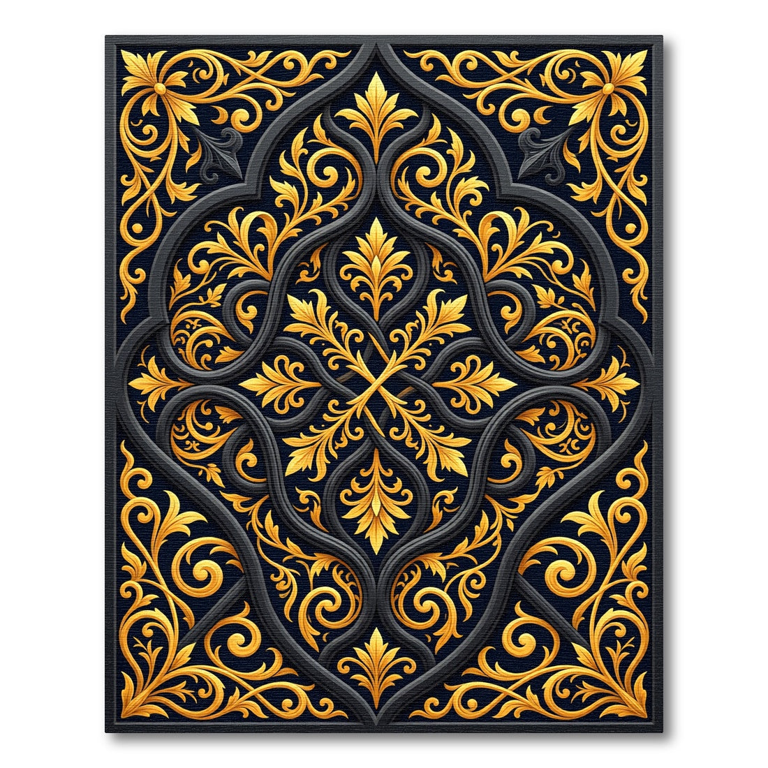 Ornate Gold Floral Black Scroll Rug