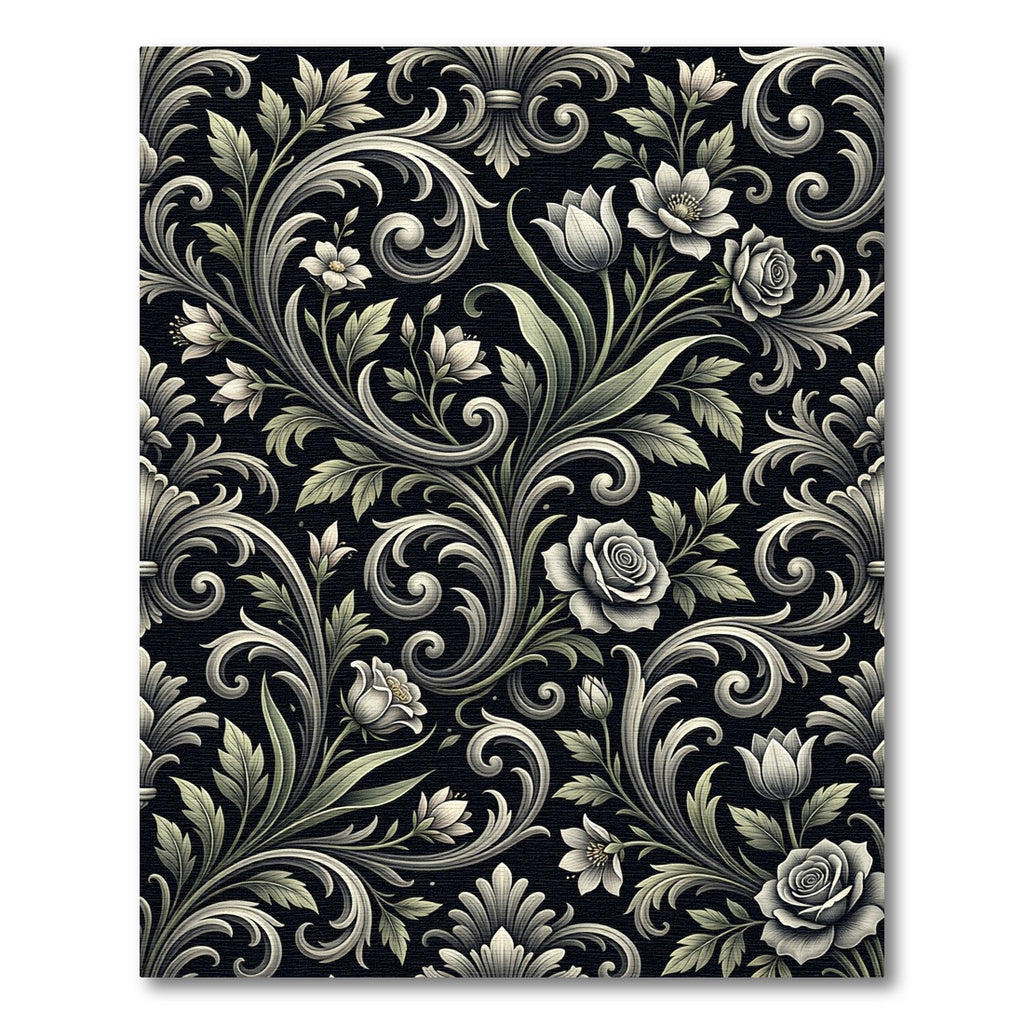 Ornate Floral Scrolls Black Background Rug