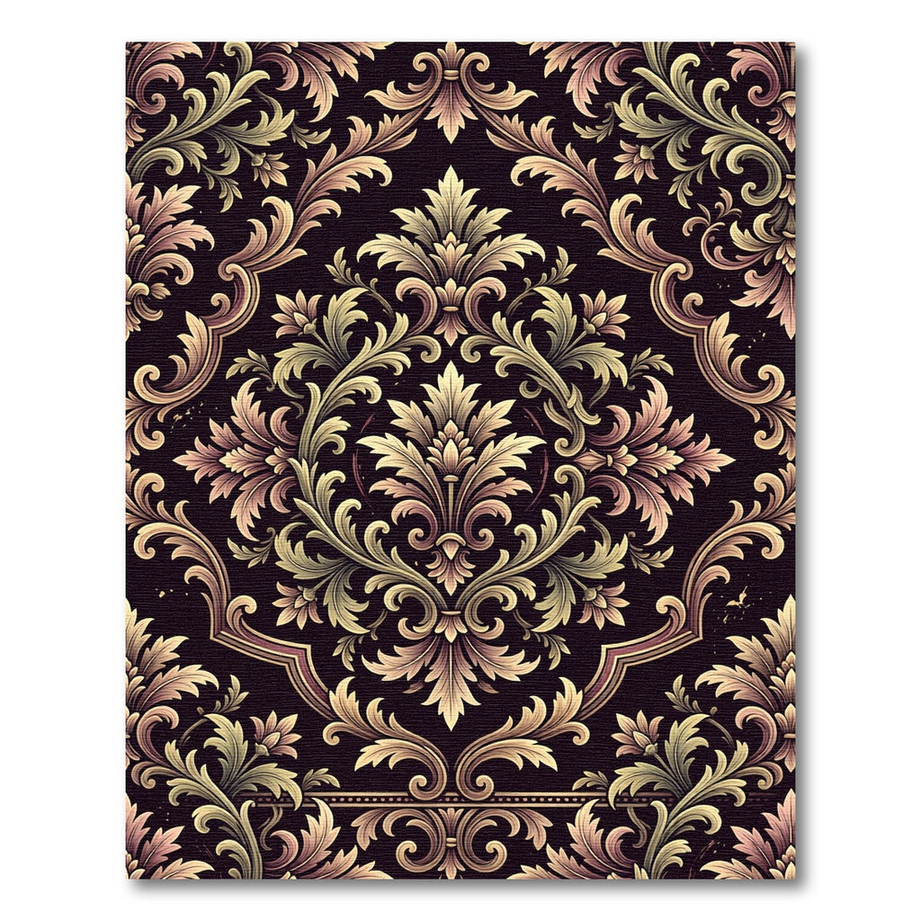 Elegant Damask Floral Scroll Aubergine Gold Rug