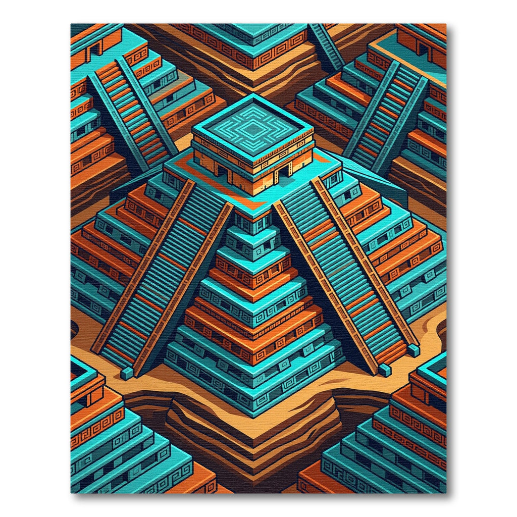 Isometric Aztec Teal and Orange Pyramid Rug
