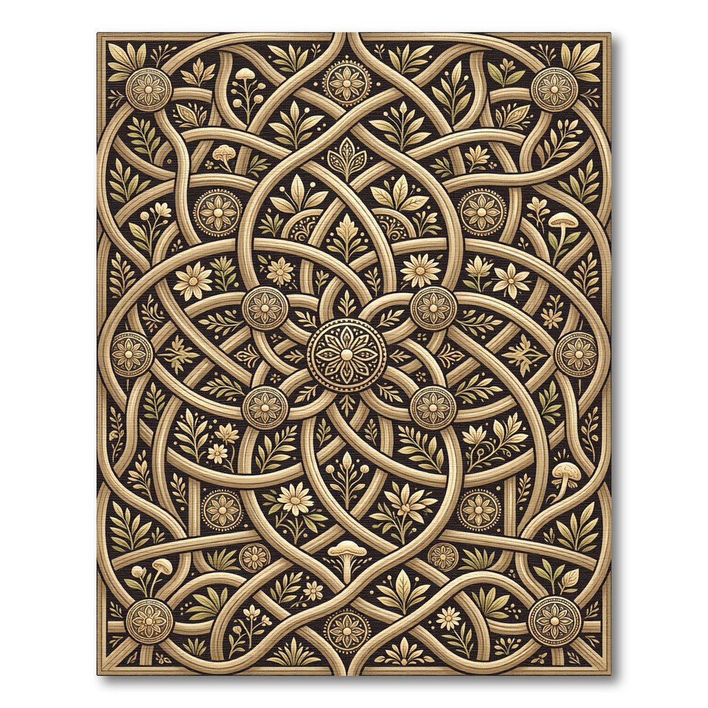 Ornate Gold Floral Entwined Scrollwork Rug