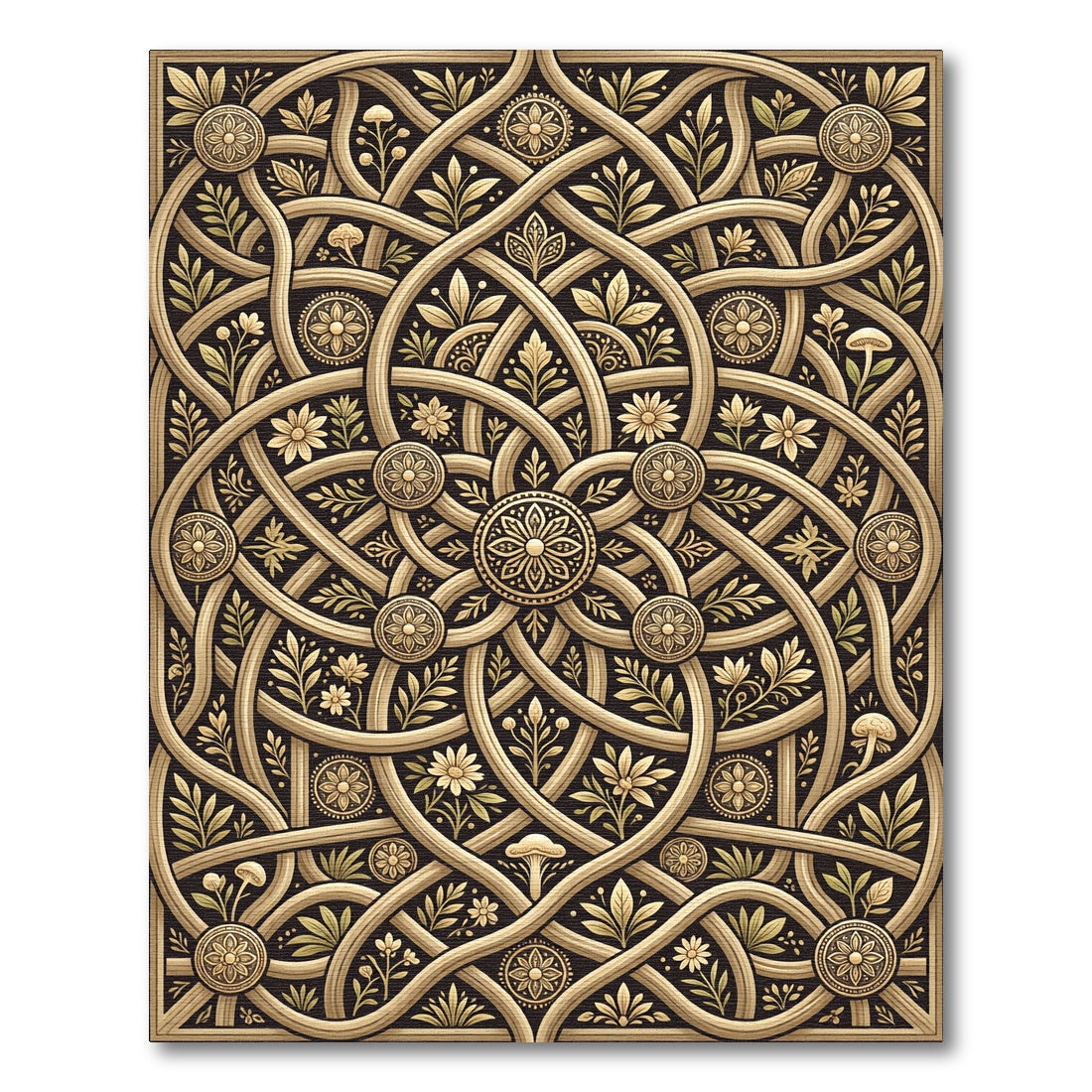 Ornate Gold Floral Entwined Scrollwork Rug