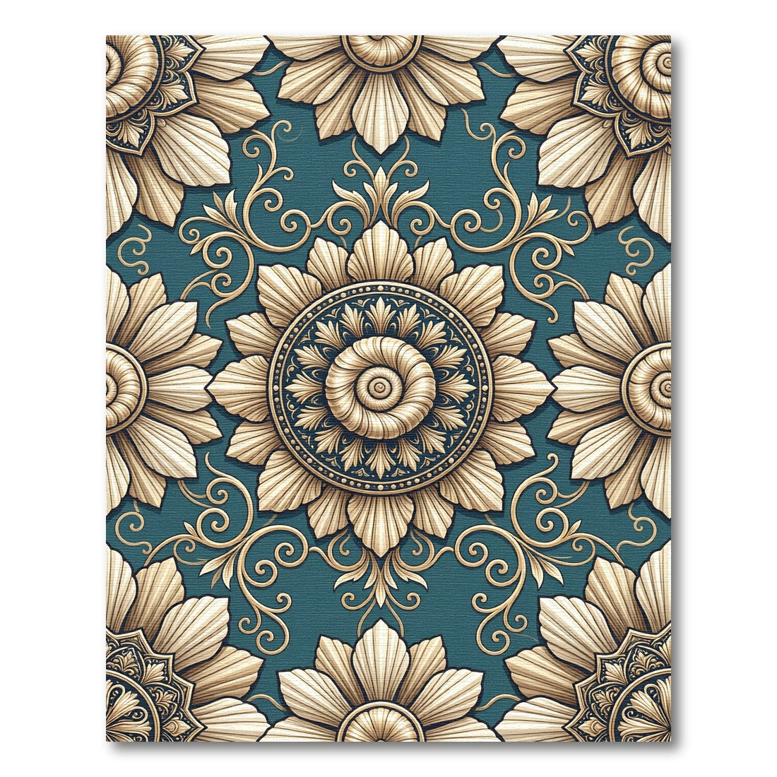 Elegant Teal Gold Floral Medallion Rug