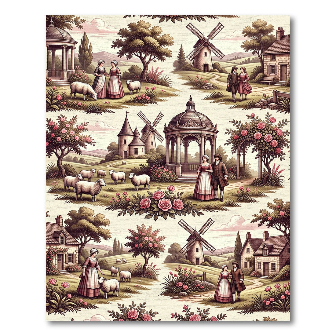 Vintage Pastoral Landscape Sheep Roses Rug