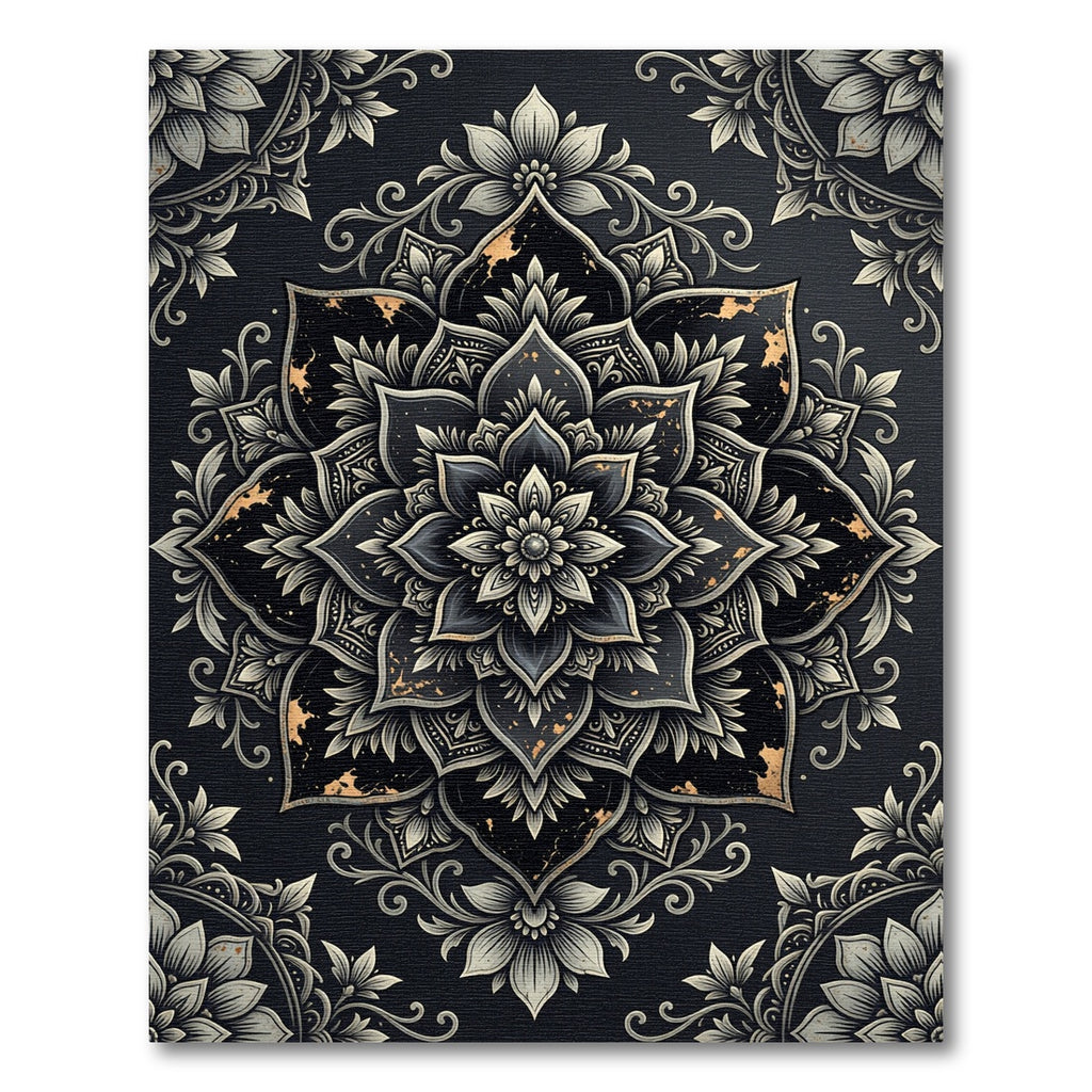 Elegant Black Gold Floral Mandala Art Rug