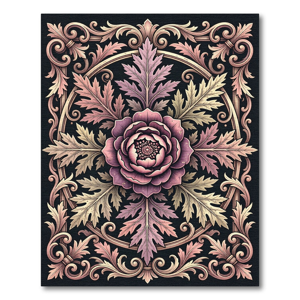 Ornate Mauve Rose Damask Circular Medallion Rug