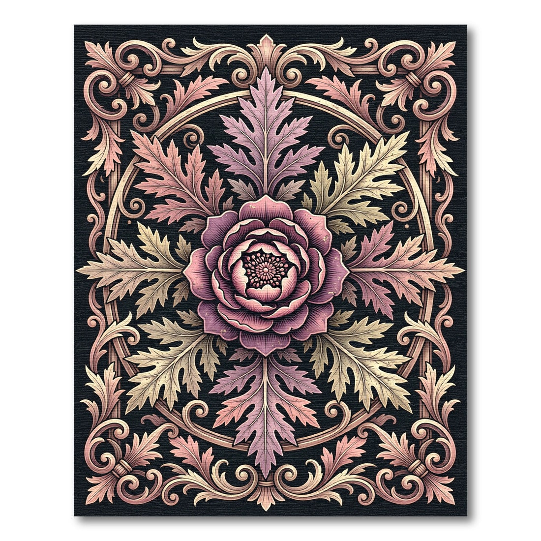 Ornate Mauve Rose Damask Circular Medallion Rug