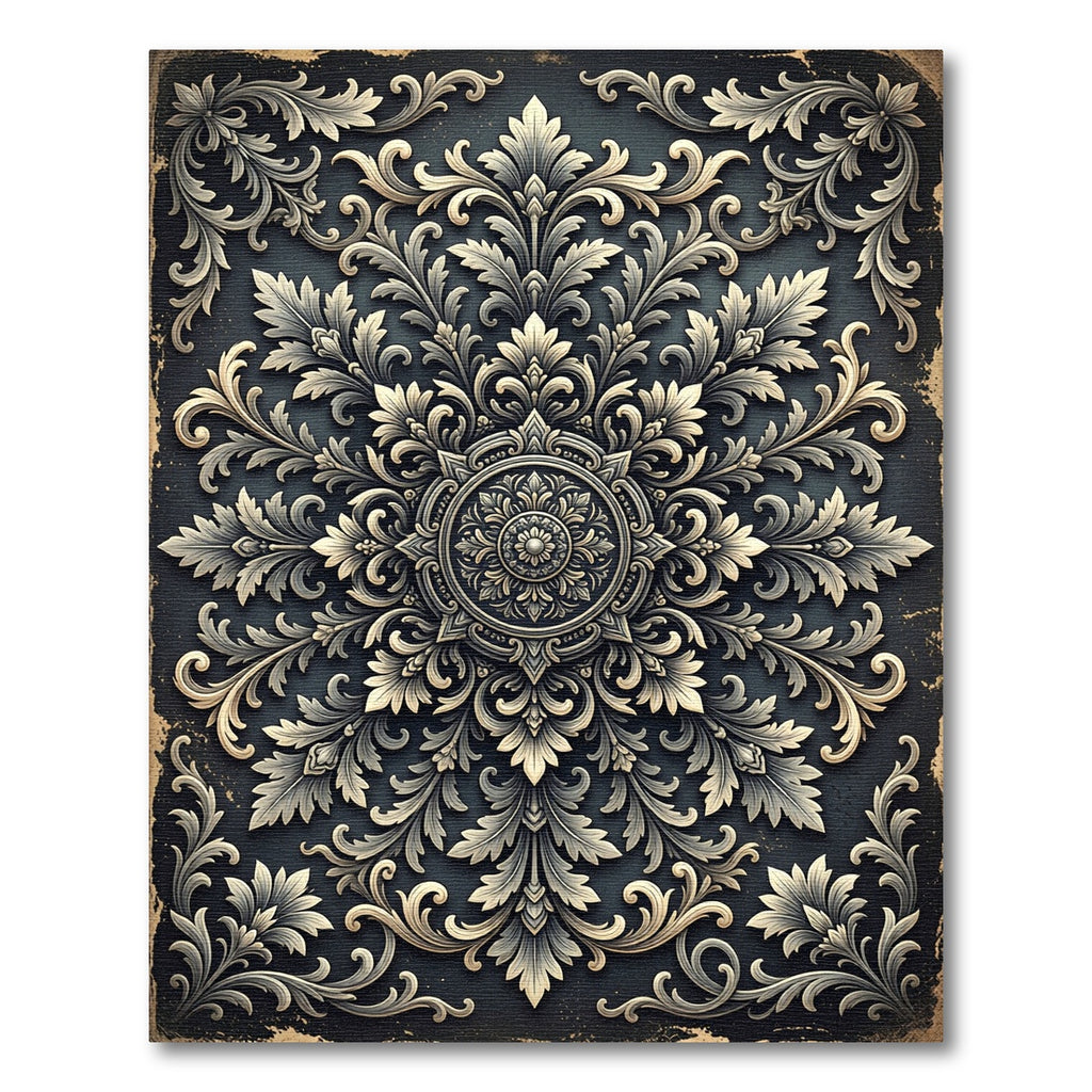 Intricate Charcoal Silver Filigree Medallion Rug