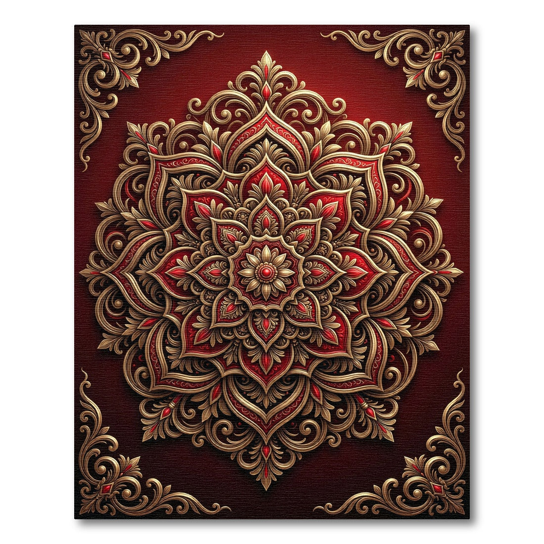 Ornate Red Gold Mandala Medallion Rug