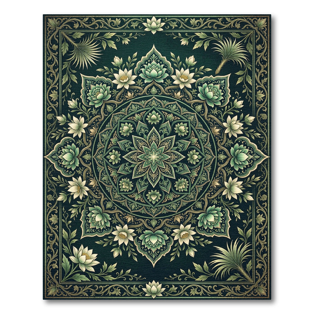 Emerald Green Floral Lotus Mandala Rug