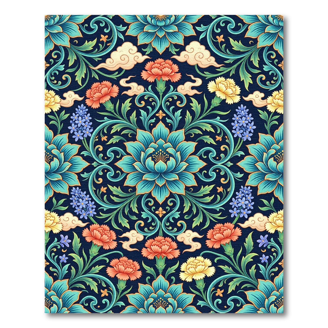 Ornate Teal Floral Blossom Cloud Tapestry Rug