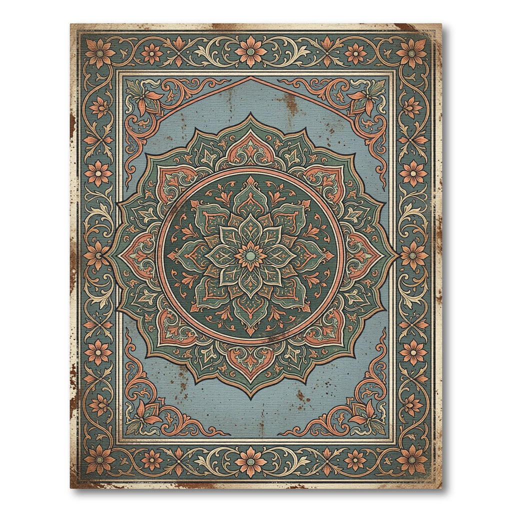 Vintage Sage Teal Floral Medallion Rug
