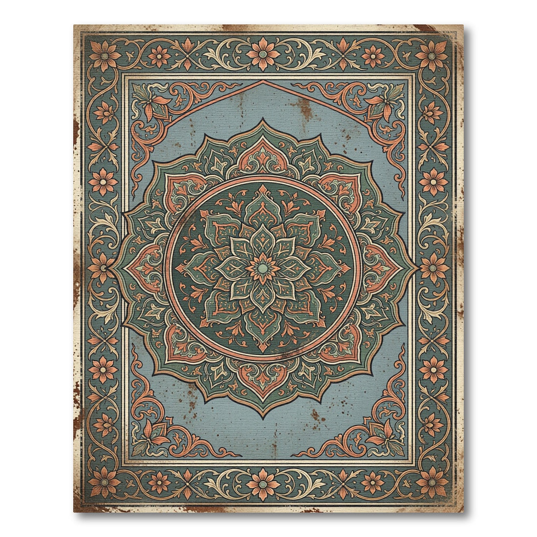 Vintage Sage Teal Floral Medallion Rug