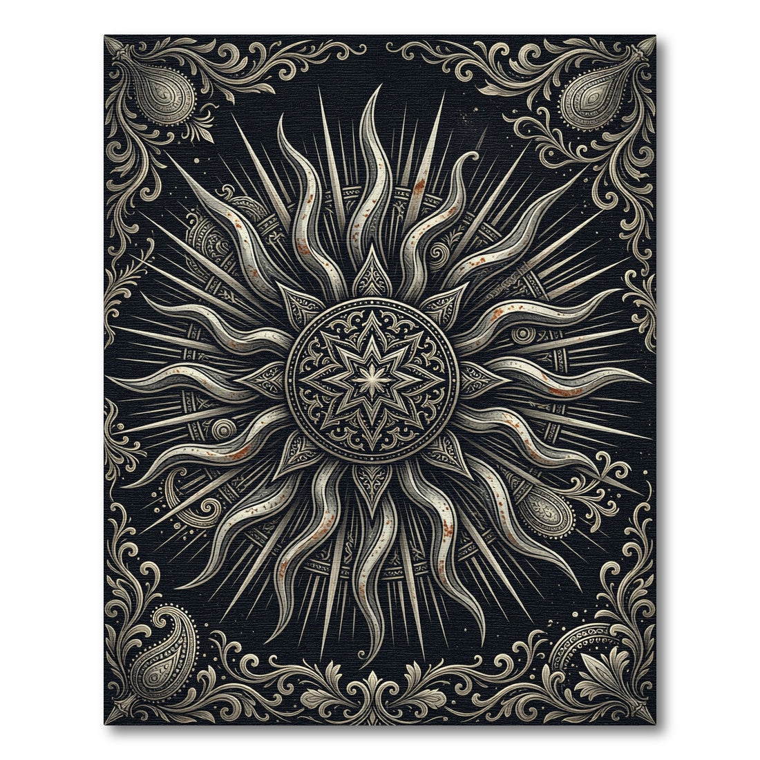 Ornate Celestial Sunburst Monochromatic Area Rug