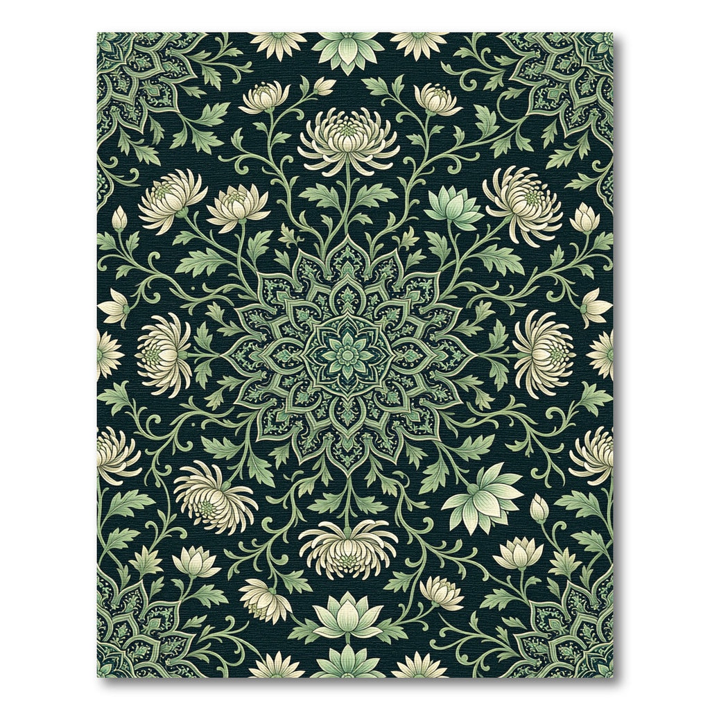 Dark Green White Floral Mandala Rug