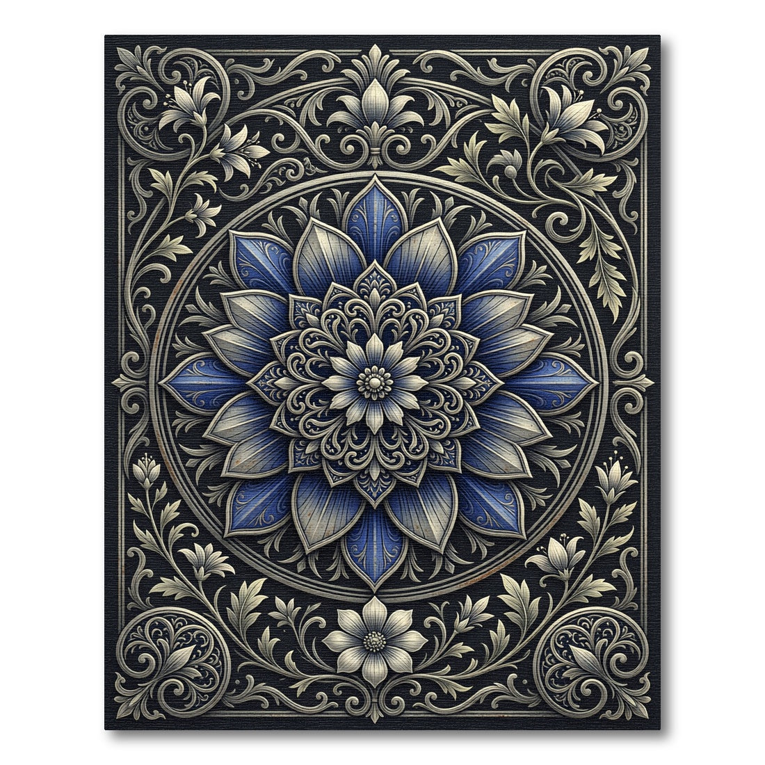 Elegant Navy Floral Mandala Medallion Rug