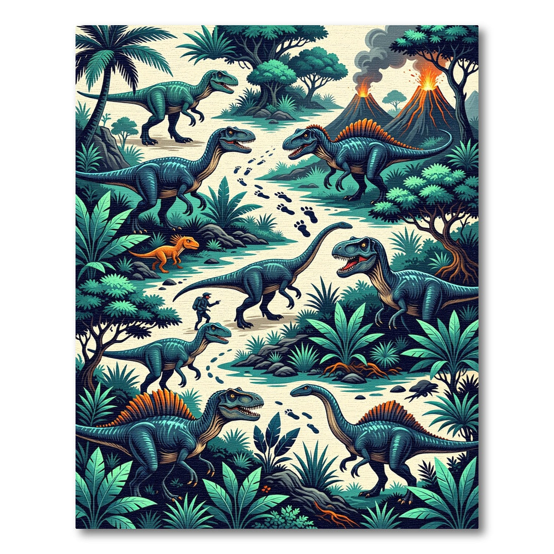 Vibrant Prehistoric Dinosaur Lush Jungle Landscape Rug