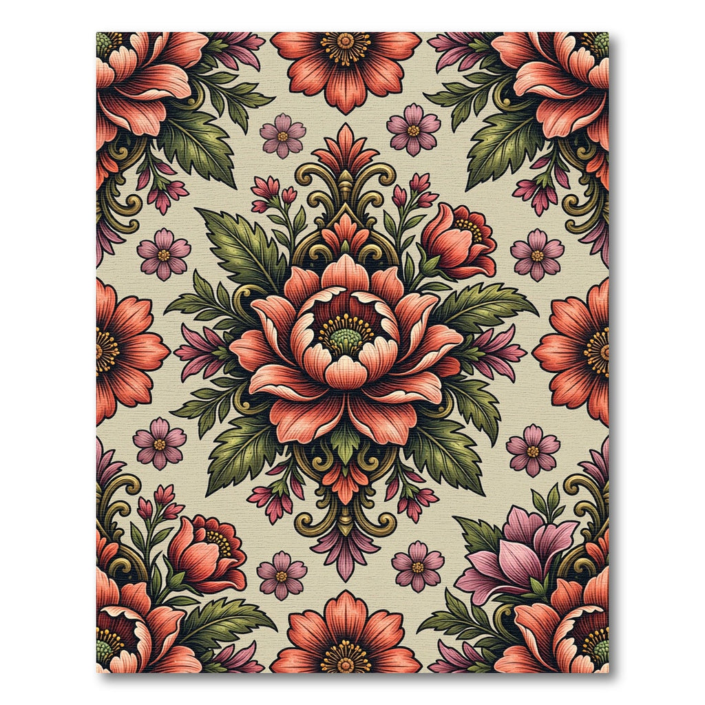 Elegant Coral Rose Damask Botanical Rug