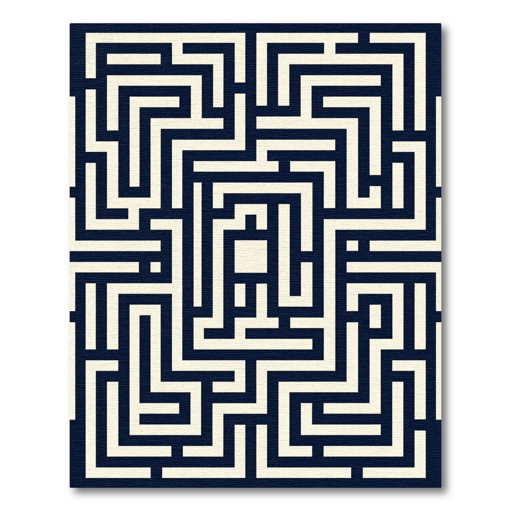 Modern Navy Monochrome Labyrinth Maze Area Rug