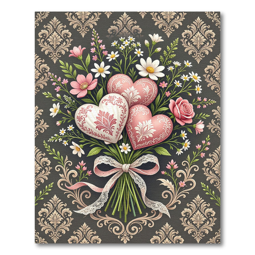 Pink Heart Floral Bouquet Damask Rug