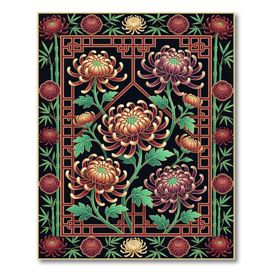 Elegant Crimson Chrysanthemum Bamboo Floral Art Rug