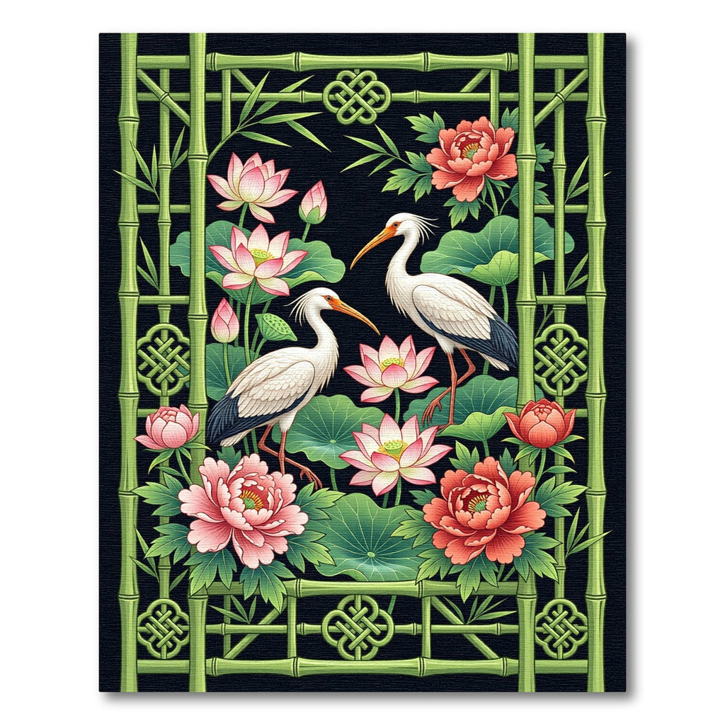 Crane Lotus Peony Bamboo Zen Art Rug