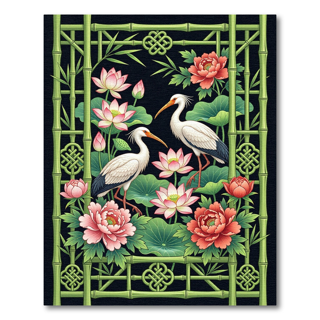 Crane Lotus Peony Bamboo Zen Art Rug