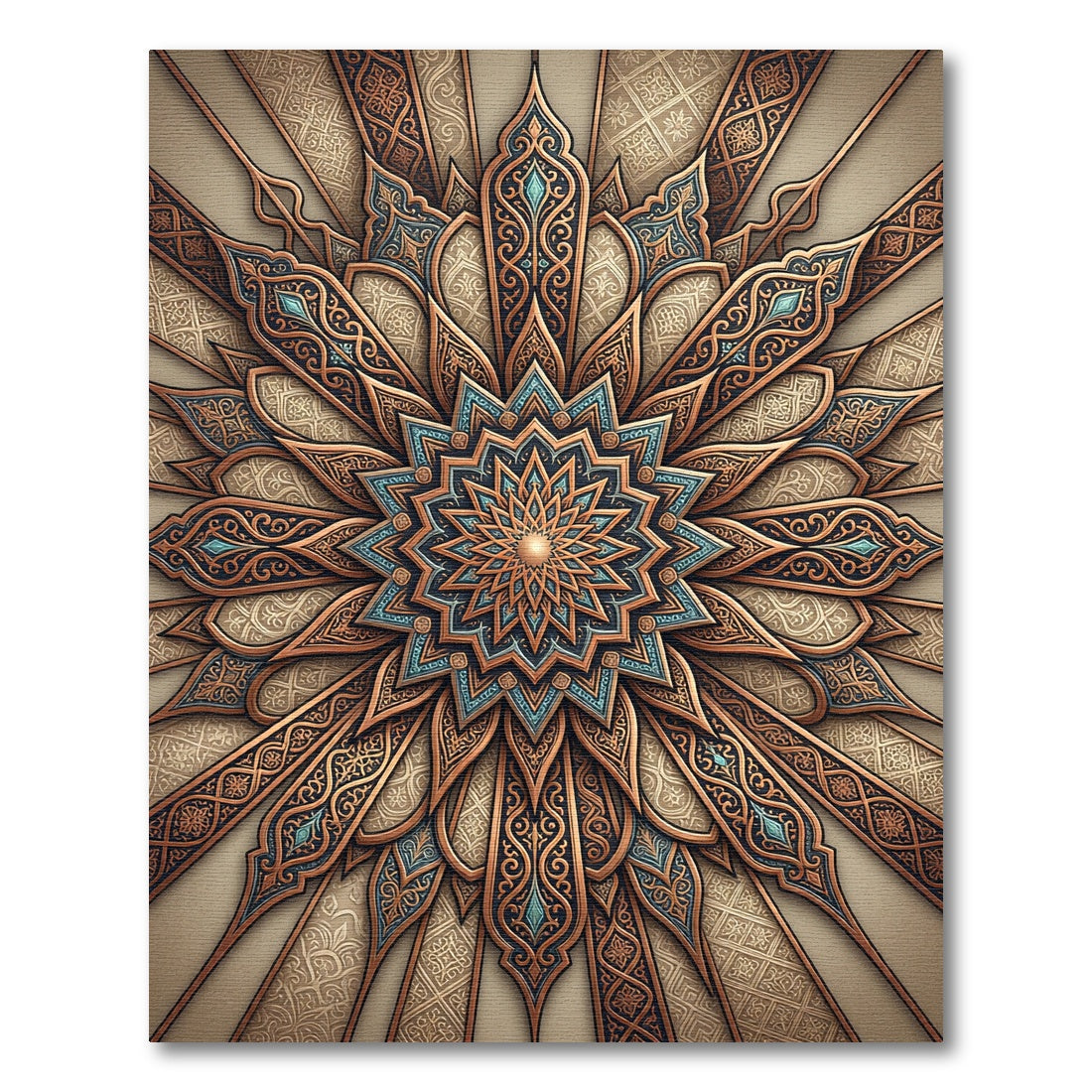 Intricate Teal Bronze Sunburst Medallion Rug