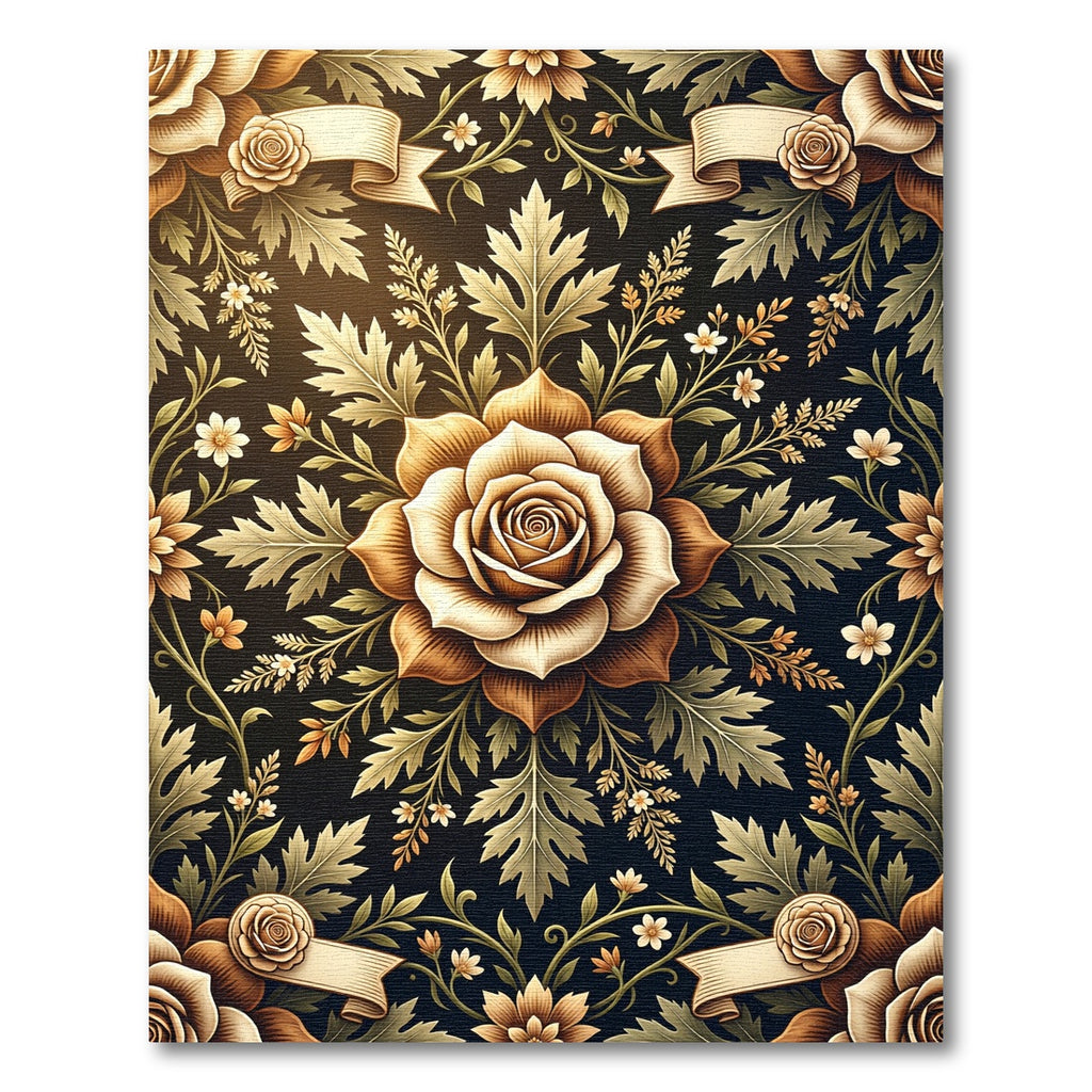 Vintage Golden Rose Botanical Scroll Rug