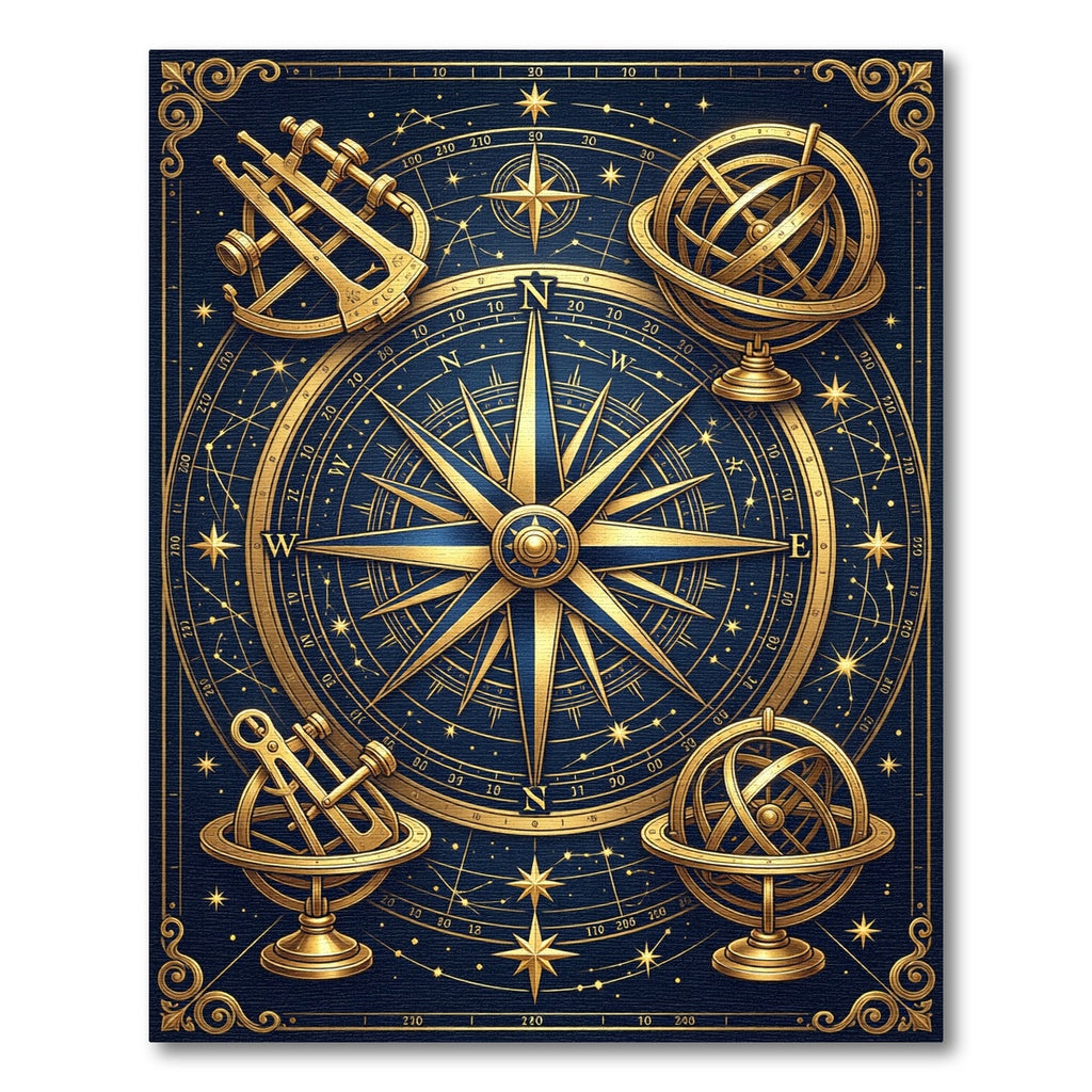 Golden Celestial Compass Navigational Map Rug