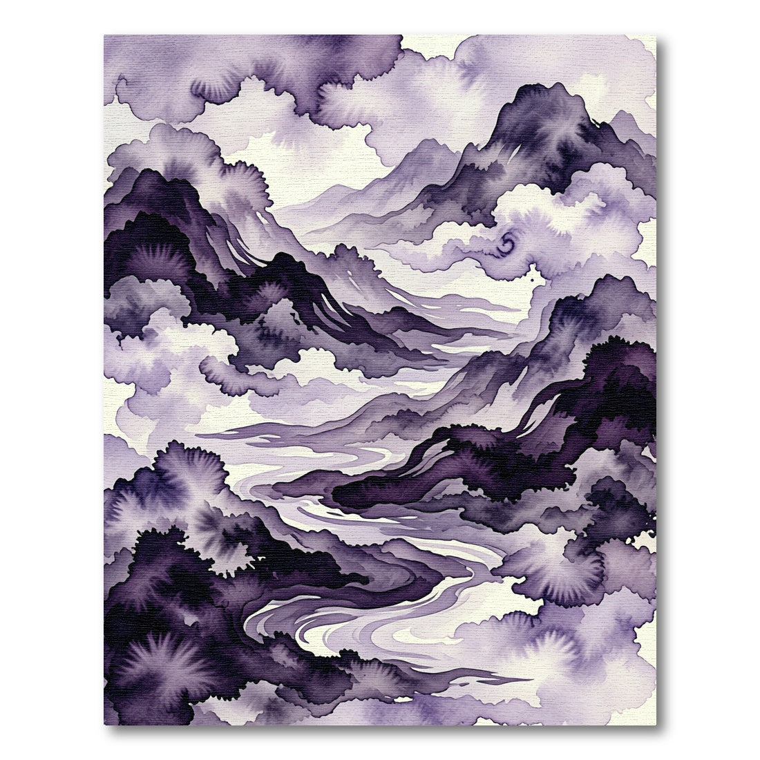 Deep Purple Ink Wash Mountain Panorama Rug