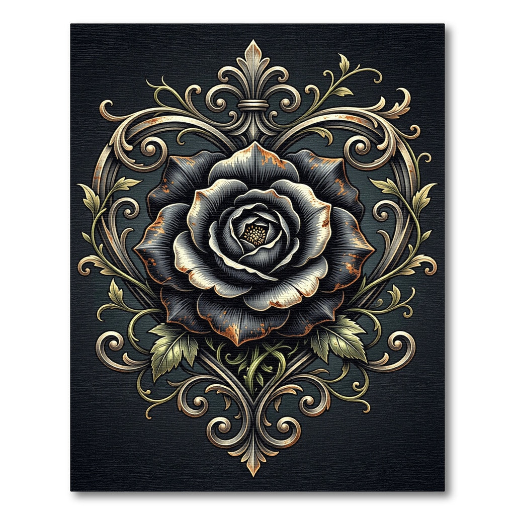 Black Rose Ornate Scroll Heart Rug