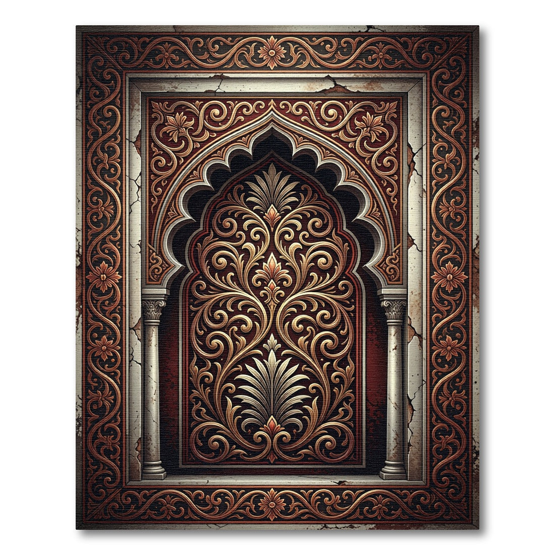 Ornate Gold Arch Damask Crimson Tapestry Rug