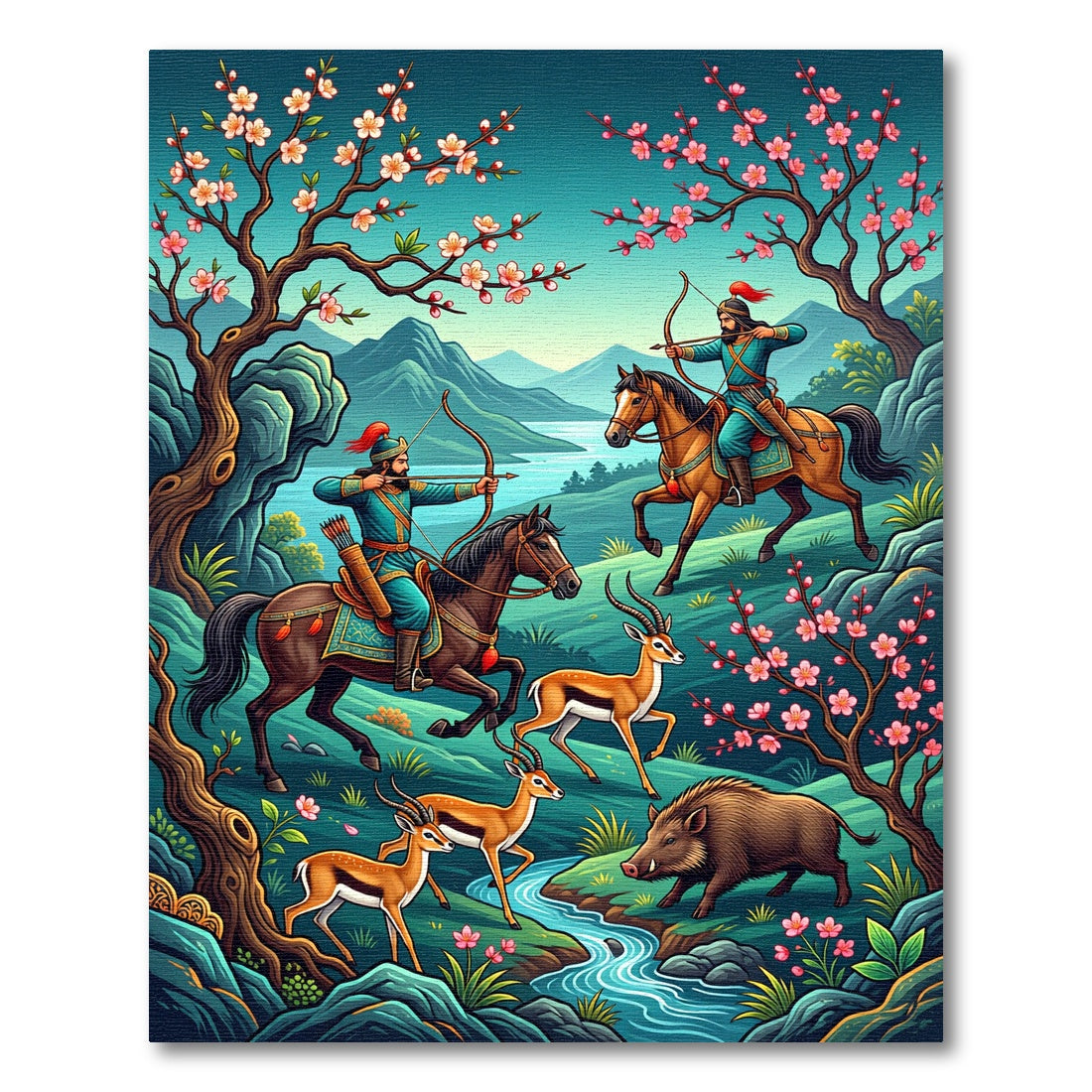 Turquoise Archers Hunt Amidst Cherry Blossoms Rug