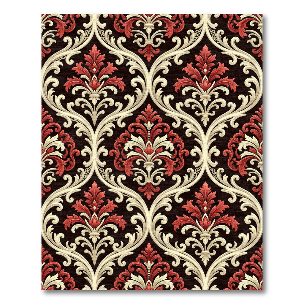 Crimson Ivory Damask Scrollwork Rug