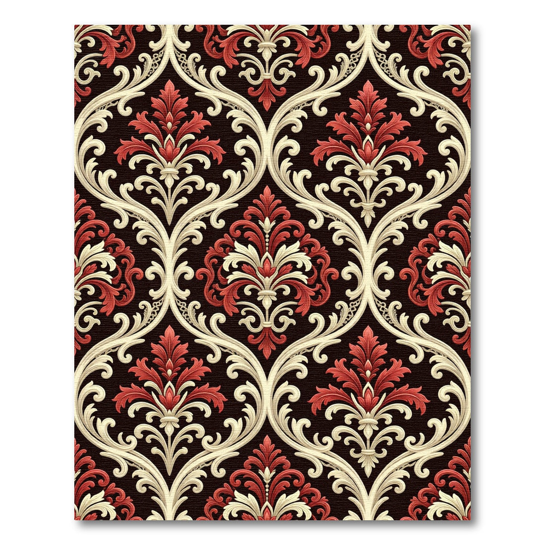 Crimson Ivory Damask Scrollwork Rug